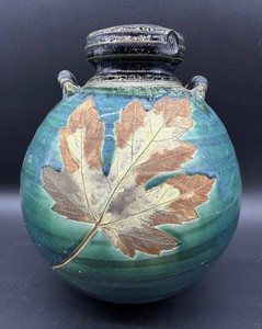 Travis Berning Leaf-Pattern Pottery Vase 10 in
