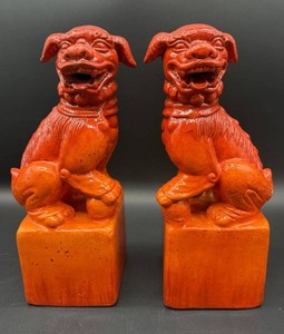 Pair of Orange Foo Dog Statues