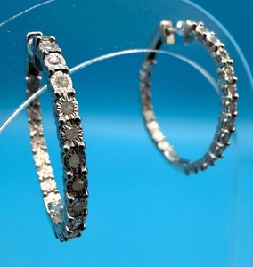 Pair of Natural Diamond Sterling Silver Hoop Earrings