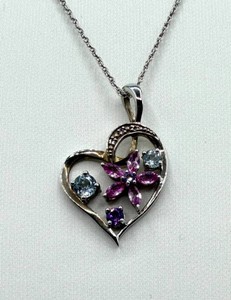 925 Sterling Silver Natural Gemstone Heart Pendant Necklace 18 in