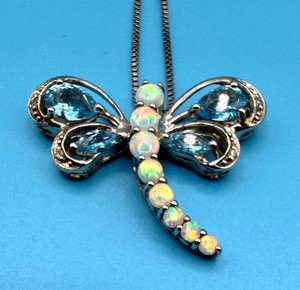 925 Sterling Silver Opal Dragonfly Necklace 18in