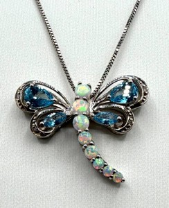 925 Sterling Silver Opal Dragonfly Necklace 18in