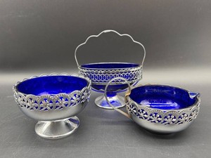 Cobalt Blue Glass Silverplate Basket Serving Pieces (Lot of 3)