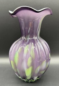 Purple & Green Overlay Ribbed Art Glass Vase With Crimped Ruffle 10.5 in