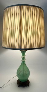 Vintage Green Hand Blown Art Glass Table Lamp with Applied Glass and Original Pleated Shade