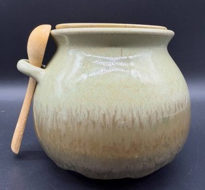 Signed Studio Art Pottery Vessel 5 in With Wood Spoon