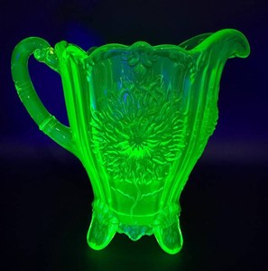 Vintage Mosser Dahlia Uranium Glass Floral Pitcher