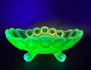 Vintage Mosser Vaseline Uranium Glass Footed Bowl - Eye Winker