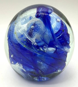 Artisan Blue Swirl Art Glass Paperweight - Stamped