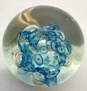 Art Glass Paperweight Blue Swirl Bubble & Cane Inclusions