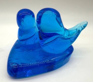 Blue Glass Two-Bird Figurine on Heart Base