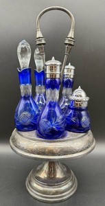 Vintage Cobalt Blue Glass Condiment Server Set on Stand - 5 Pieces