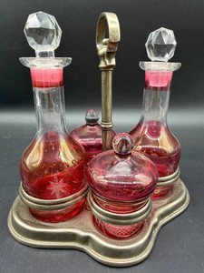 Vintage Cranberry Cut Glass Cruet Set With Stand