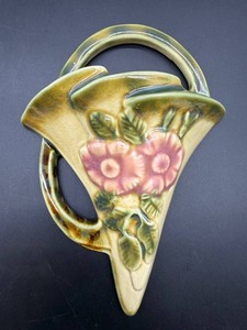 Vintage Roseville Pottery 1289-8 Ceramic Wall Pocket - White Rose