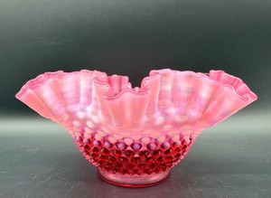 Vintage Fenton Cranberry Opalescent Hobnail Ruffled Glass Bowl