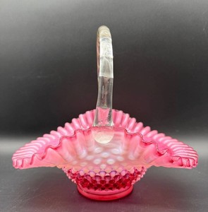 Pink Fenton Opalescent Cranberry Hobnail Glass Basket With Handle