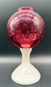 Fenton Cranberry Dot Optic Milk Glass Base Lamp Footed Ivy Vase