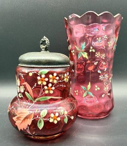 Antique Victorian Cranberry Glass Candy Jar & Vase Set (Lot of 2)