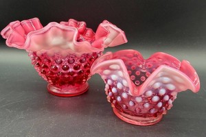 Fenton Pink Opalescent Hobnail Art Glass Bowls (Pair)