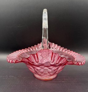 Fenton Pink Art Glass Basket With Clear Handle