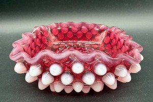 Antique Attributed Hobbs-Brockunier Cranberry Dewdrop Hobnail Bowl 4.5 in