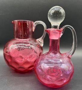 Cranberry Glass Cruet and Pitcher Set (Lot of 2) including Fenton