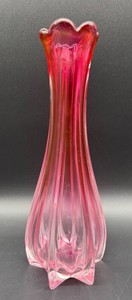 Vintage Pink Ombre Art Glass Vase With Scalloped Rim