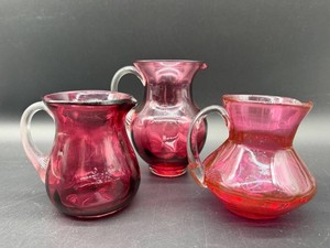 Vintage Cranberry Art Glass Pitcher Set (3)