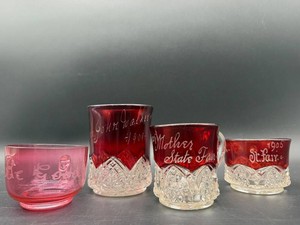 Antique Engraved Ruby Red Glass Cup Set (Lot of 4) including 1905 State Fair