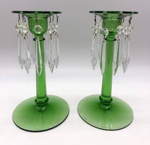 Vintage Heisey Green Glass Candleholders Pair 9in