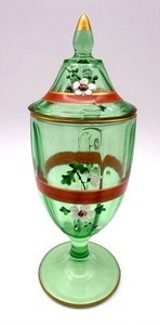 Antique Green Glass Victorian Jar Compote Hand Painted Floral