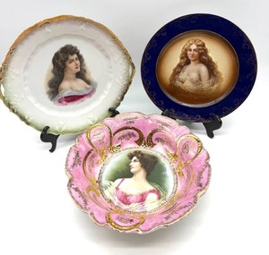 Antique German Portrait Porcelain Plates & Bowl (Lot of 3)