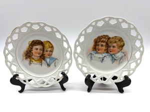 Antique Pair of Pierced Porcelain Child Portrait Plates 7.5 in