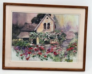 Framed Needlepoint Print Floral House Scene