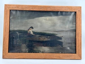 Vintage Framed Oil Landscape Painting - Woman in Boat - Unsigned