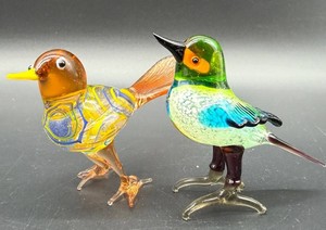 Glass Bird Figurines Set of 2 - Amber and Multi Color