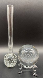 Mid Century Glass Bud Vase with Controlled Bubbles & Crystal Sphere on Stand Mixed Lot