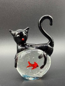 Glass Cat Paperweight With Fish