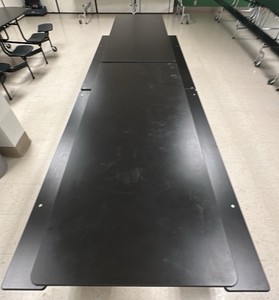 Black collapsible table on wheels with bench seating (L-Kitchen)