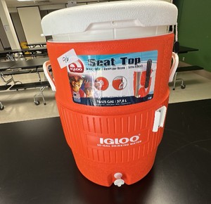 Igloo beverage cooler dispenser, 10 gallons, seat top, orange and white (L-Kitchen)