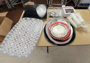 Party lot, plastic trays bowls, napkin holder, plastic utensils, and small cups
