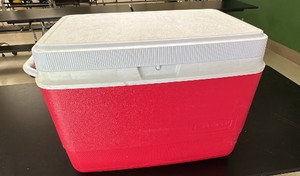 Rubbermaid cooler, red and white