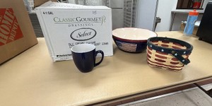 8-blue cups, flag bowl and star basket