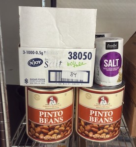 Canned beans, salt, salt packets, 60% full box