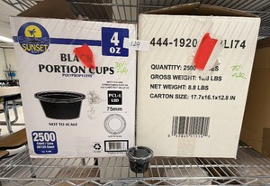 Black Portion cups with lids cups boxes 30% full lids boxes is 25% full (L-Kitchen)