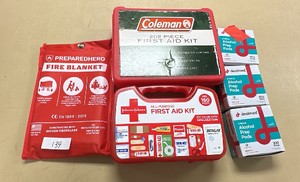 First aid lot includes 2 kits, fire blanket, 3 alcohol prep pad packs (L-Kitchen)