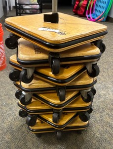 Stack of gym dollies with rack (8 in lot) (Gym)