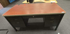 Gray metal desk with cherry colored top, double filing cabinets and pull out drawer