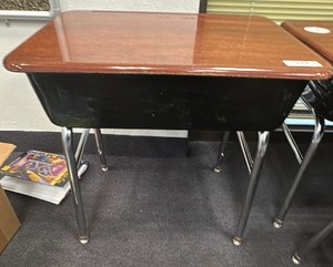 Virco Lift-Lid Student Desk, Walnut Laminate Top with Metal Book Box