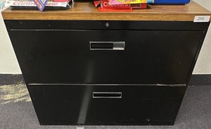Metal filing cabinet, black with wood look top, 2- drawers